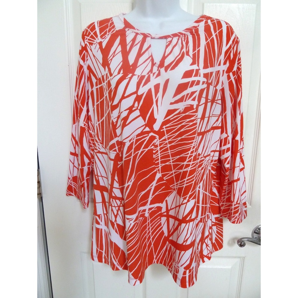Susan Graver Liquid Knit Blouse Medium Orange White Abstract V-Neck Tunic Top